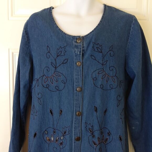 MSAS blue denim long sleeve button front embroidery and laser cutouts duster - Picture 2 of 16